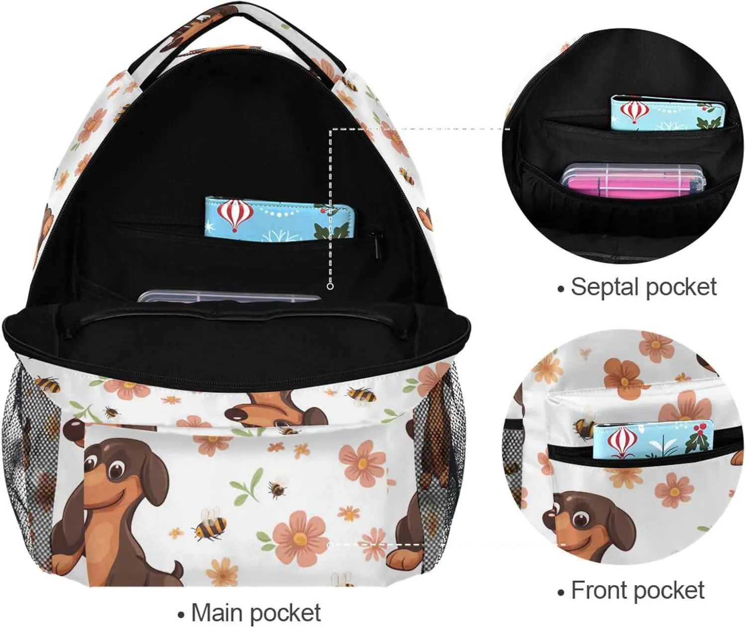 Day Backpack for Women Men Fashion Business Work Bag with Chest Strap for Business Work College Travel Trip Cartoon Cute Dachshund Dog White