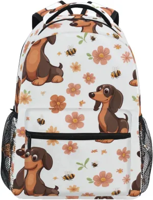Day Backpack for Women Men Fashion Business Work Bag with Chest Strap for Business Work College Travel Trip Cartoon Cute Dachshund Dog White