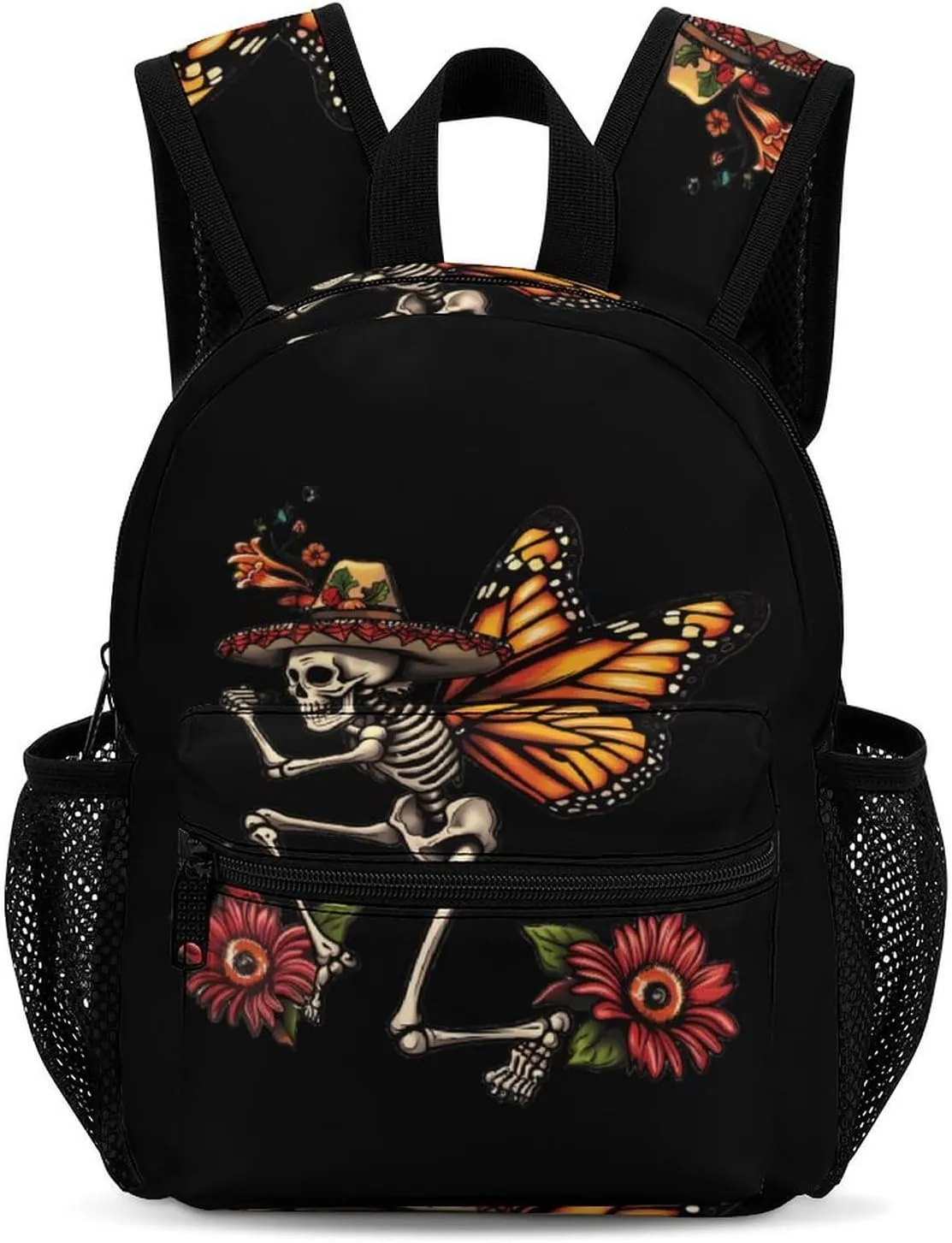 Day of The Dead Skull Skeleton Monarch Butterfly 13 Inch Backpack Waterproof Lightweight Travel Backpack Purse Hiking Daypack