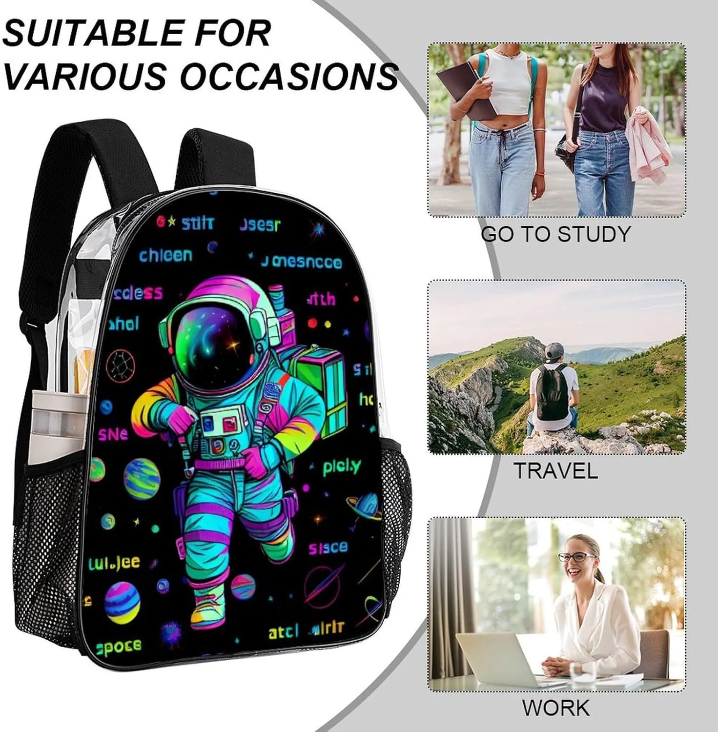 Daypack Backpack Anti-Theft Multipurpose Big Capacity Bookbag - Psychedelic Space Astronaut Outer Space Chemical Formula Art Business Computer Bag Transparent Bag
