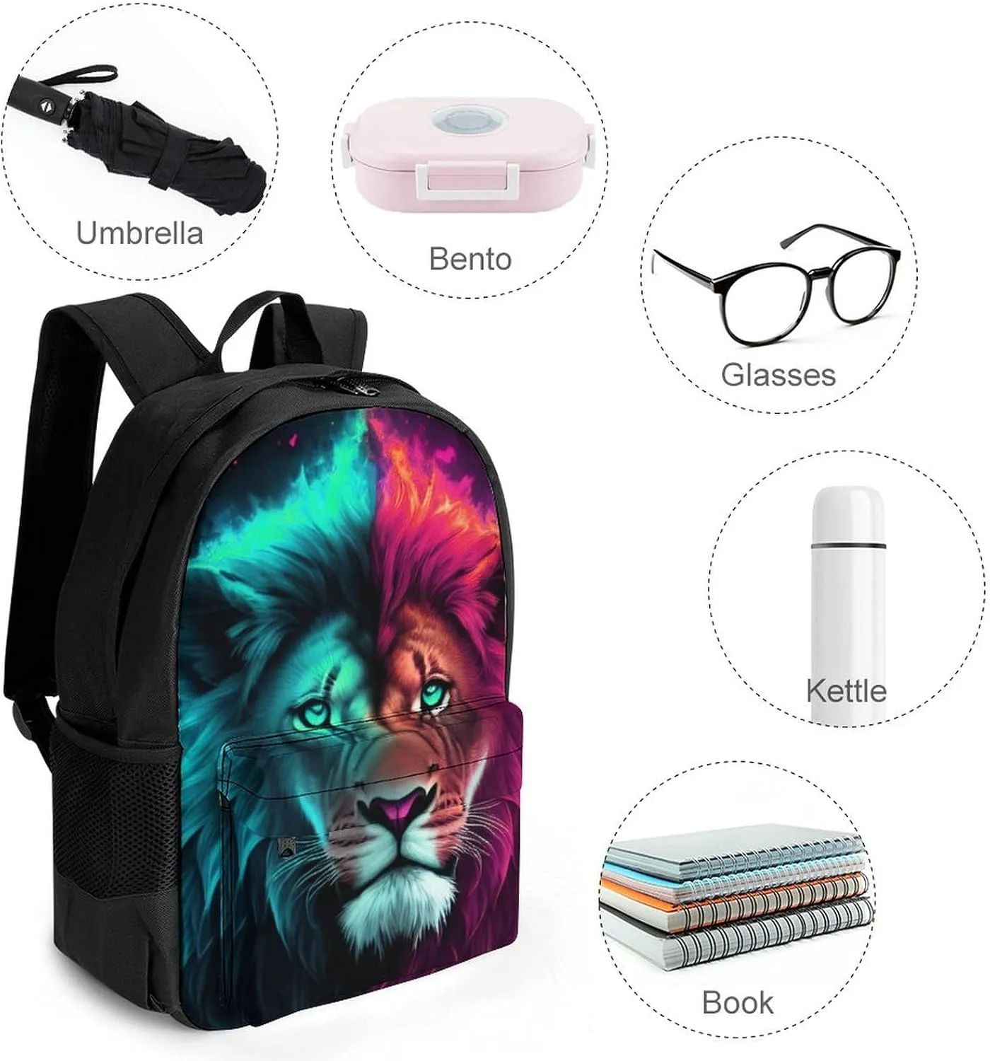 Daypack Bookbag Anti-Theft Multipurpose Large Capacity Bookbag - Cool Lion Blue And Red Fire Surreal Style Art Travel Hiking & Camping Rucksack With Adjustable Shoulder Straps