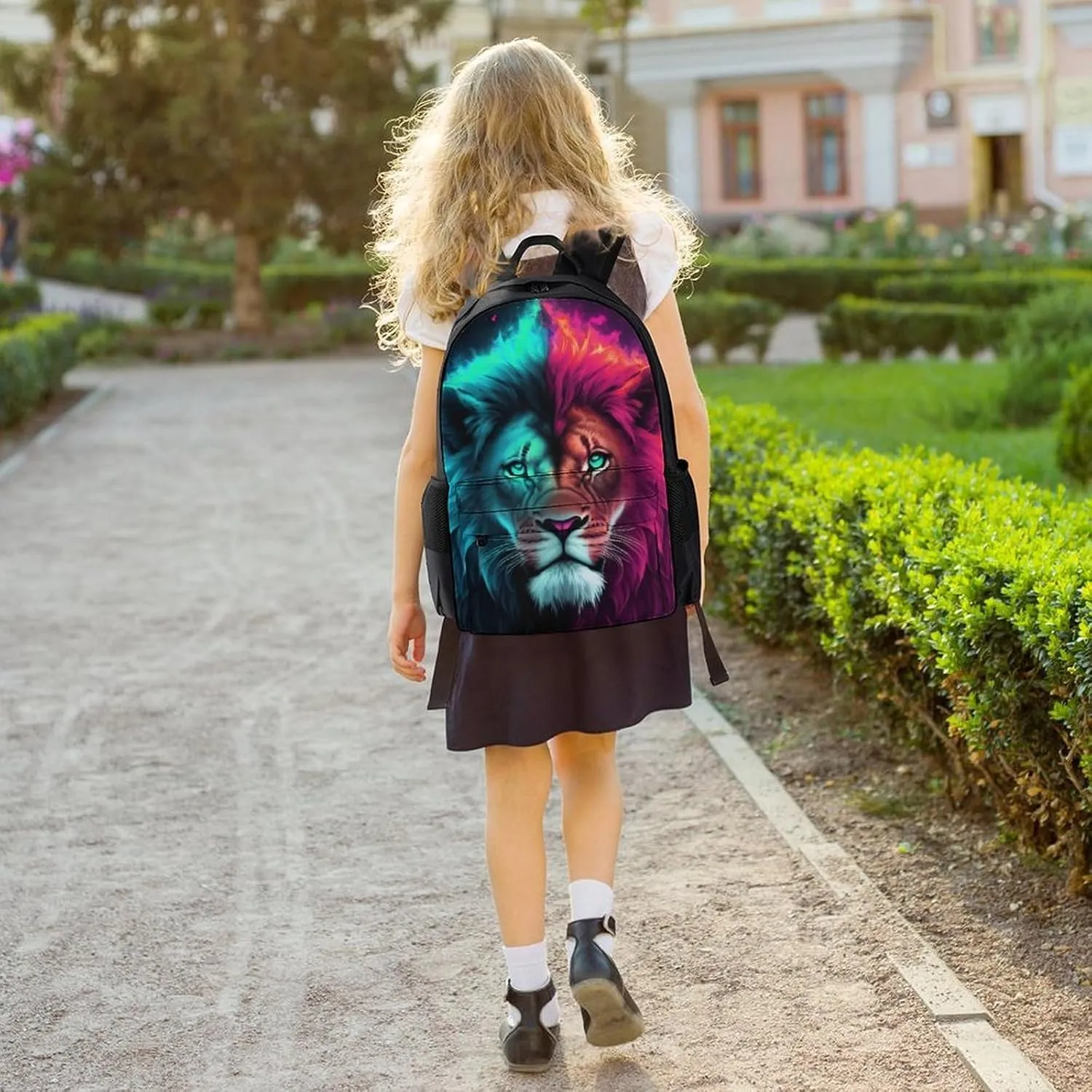 Daypack Bookbag Anti-Theft Multipurpose Large Capacity Bookbag - Cool Lion Blue And Red Fire Surreal Style Art Travel Hiking & Camping Rucksack With Adjustable Shoulder Straps