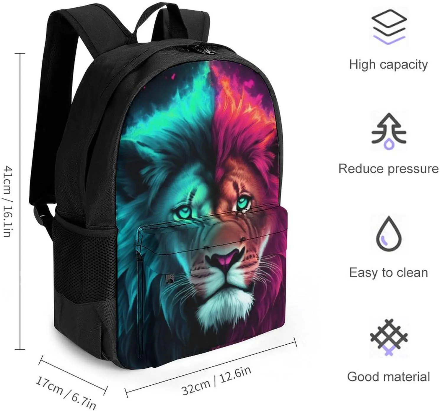 Daypack Bookbag Anti-Theft Multipurpose Large Capacity Bookbag - Cool Lion Blue And Red Fire Surreal Style Art Travel Hiking & Camping Rucksack With Adjustable Shoulder Straps