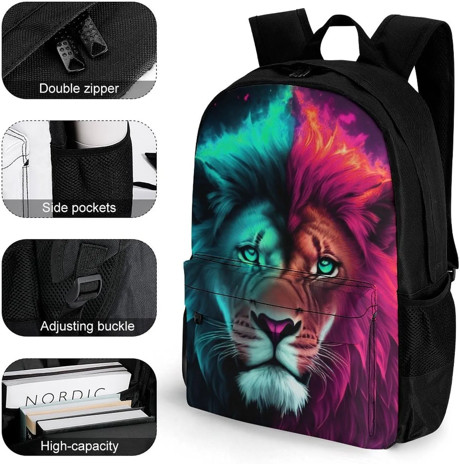 Daypack Bookbag Anti-Theft Multipurpose Large Capacity Bookbag - Cool Lion Blue And Red Fire Surreal Style Art Travel Hiking & Camping Rucksack With Adjustable Shoulder Straps