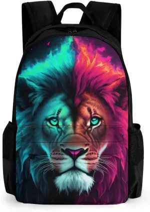 Daypack Bookbag Anti-Theft Multipurpose Large Capacity Bookbag - Cool Lion Blue And Red Fire Surreal Style Art Travel Hiking & Camping Rucksack With Adjustable Shoulder Straps