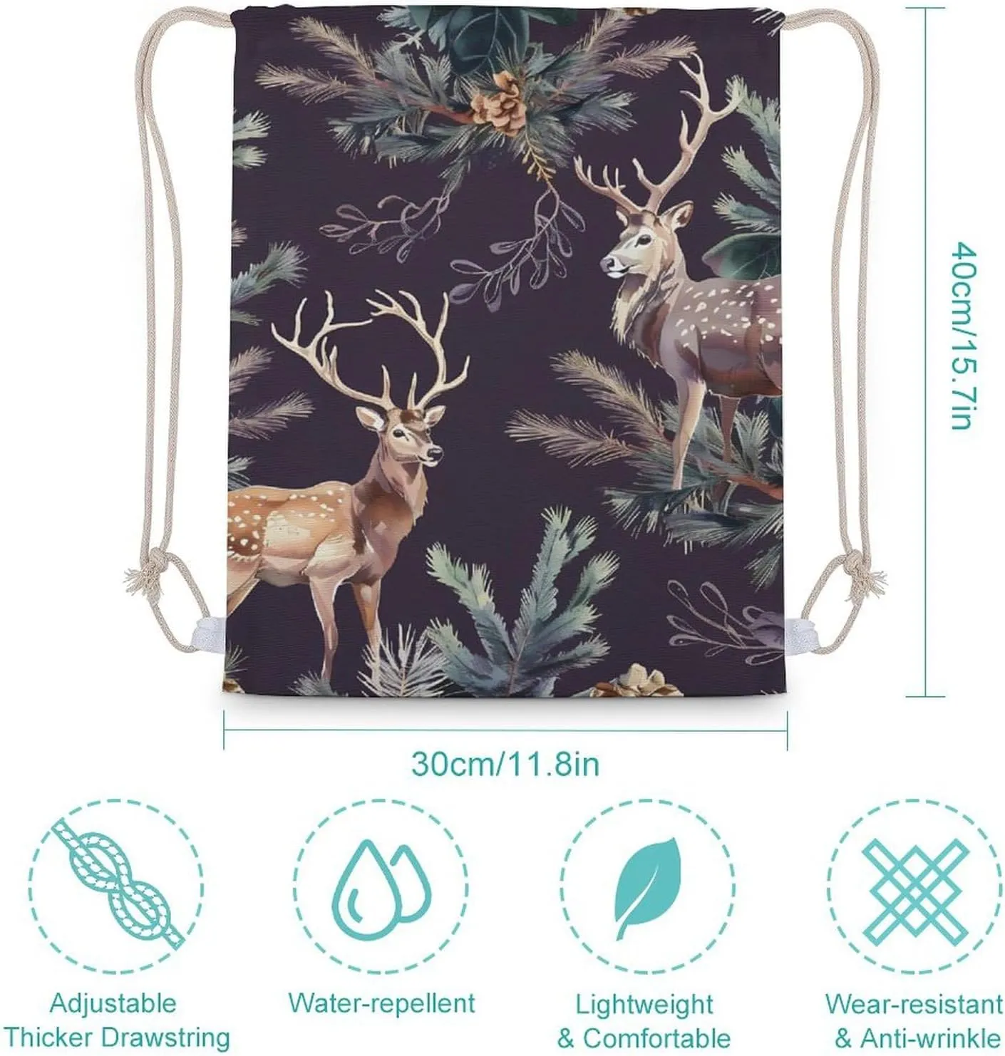 Deer Antlers Pine Tree Hunting Drawstring Backpack Canvas Double Shoulder Bag String Bag Sports Gym Bag for Men Women 30x40cm