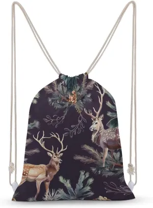 Deer Antlers Pine Tree Hunting Drawstring Backpack Canvas Double Shoulder Bag String Bag Sports Gym Bag for Men Women 30x40cm