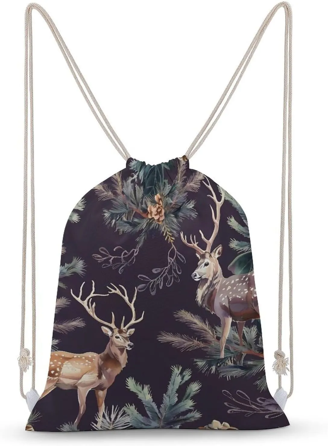 Deer Antlers Pine Tree Hunting Drawstring Backpack Canvas Double Shoulder Bag String Bag Sports Gym Bag for Men Women 30x40cm