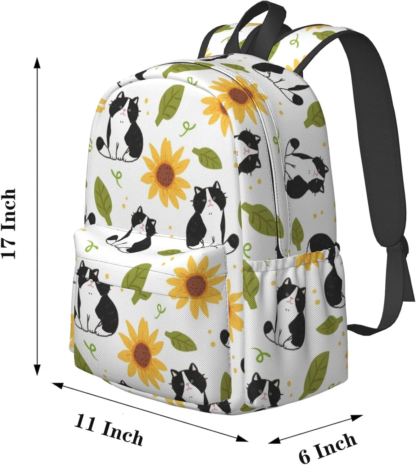 Delerain 17 Inch Backpack Cartoon Cat Sunflower Laptop Backpack School Bookbag Shoulder Bag Casual Daypack For School/Camping/Hiking/Picnic/Beach/Travel