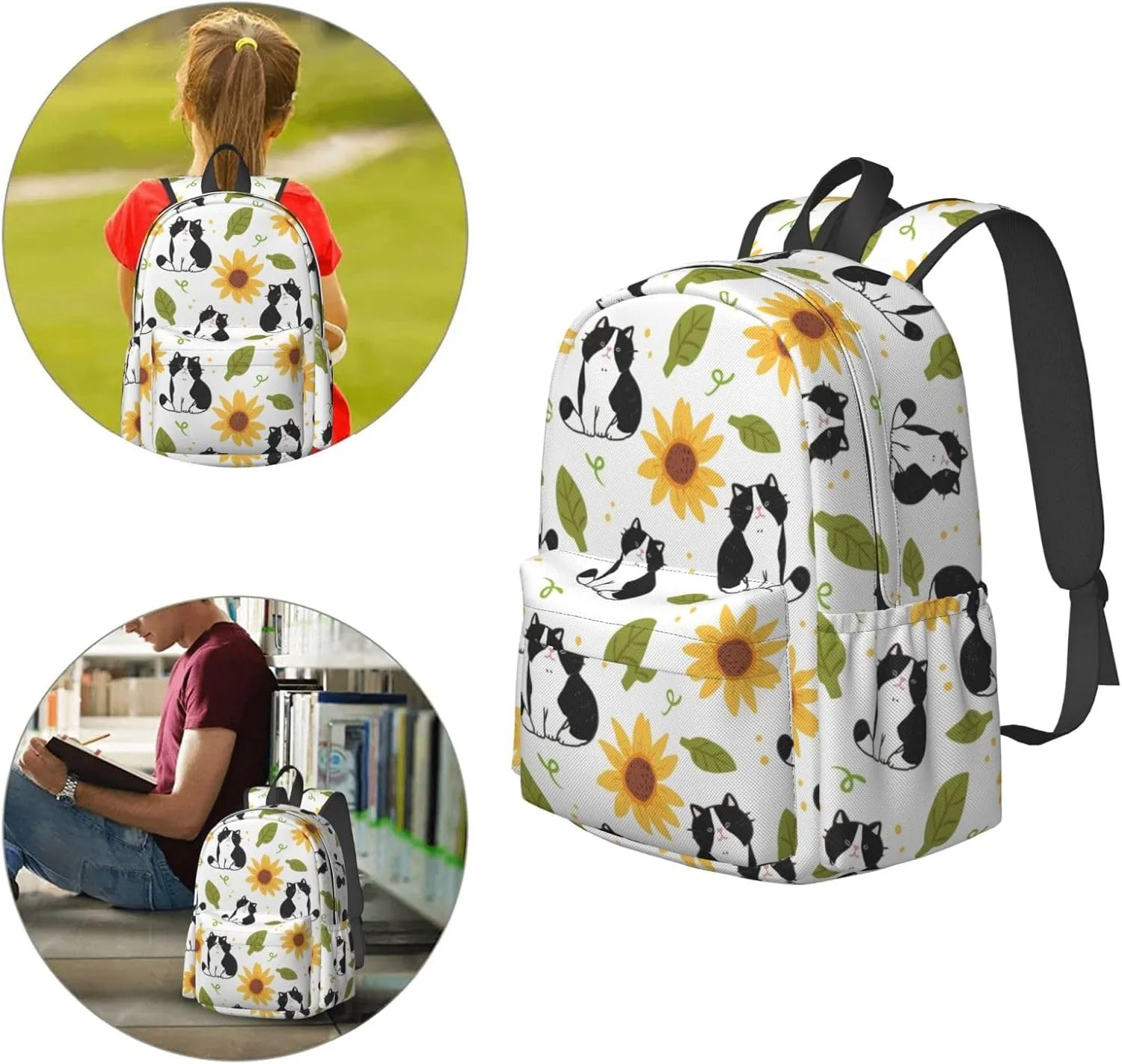 Delerain 17 Inch Backpack Cartoon Cat Sunflower Laptop Backpack School Bookbag Shoulder Bag Casual Daypack For School/Camping/Hiking/Picnic/Beach/Travel