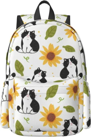 Delerain 17 Inch Backpack Cartoon Cat Sunflower Laptop Backpack School Bookbag Shoulder Bag Casual Daypack For School/Camping/Hiking/Picnic/Beach/Travel
