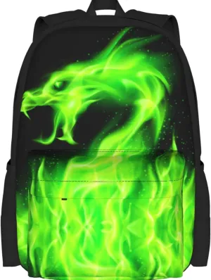 Delerain Green Fire Dragon Kids Backpack School Book Bag Travel Daypack Shoulder Bag 16 Inch Plus Lightweight Laptop Bag for 1-6th Grade Boys Girls Back to School