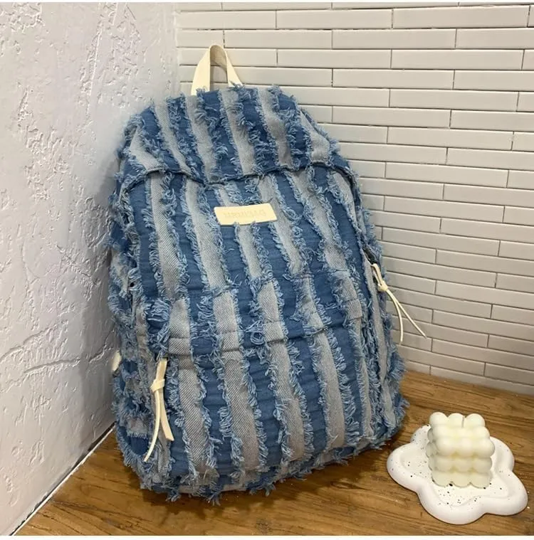 Denim Backpack for Women Men, Cute Grunge Fringe Backpack Western Aesthetic Boho Hippie Daypack Punk Bookbag Purse (light blue)