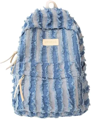 Denim Backpack for Women Men, Cute Grunge Fringe Backpack Western Aesthetic Boho Hippie Daypack Punk Bookbag Purse (light blue)