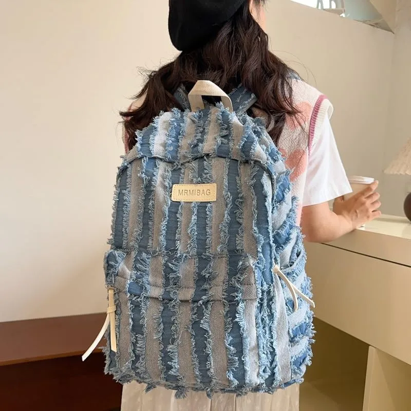 Denim Backpack for Women Men, Cute Grunge Fringe Backpack Western Aesthetic Boho Hippie Daypack Punk Bookbag Purse (light blue)