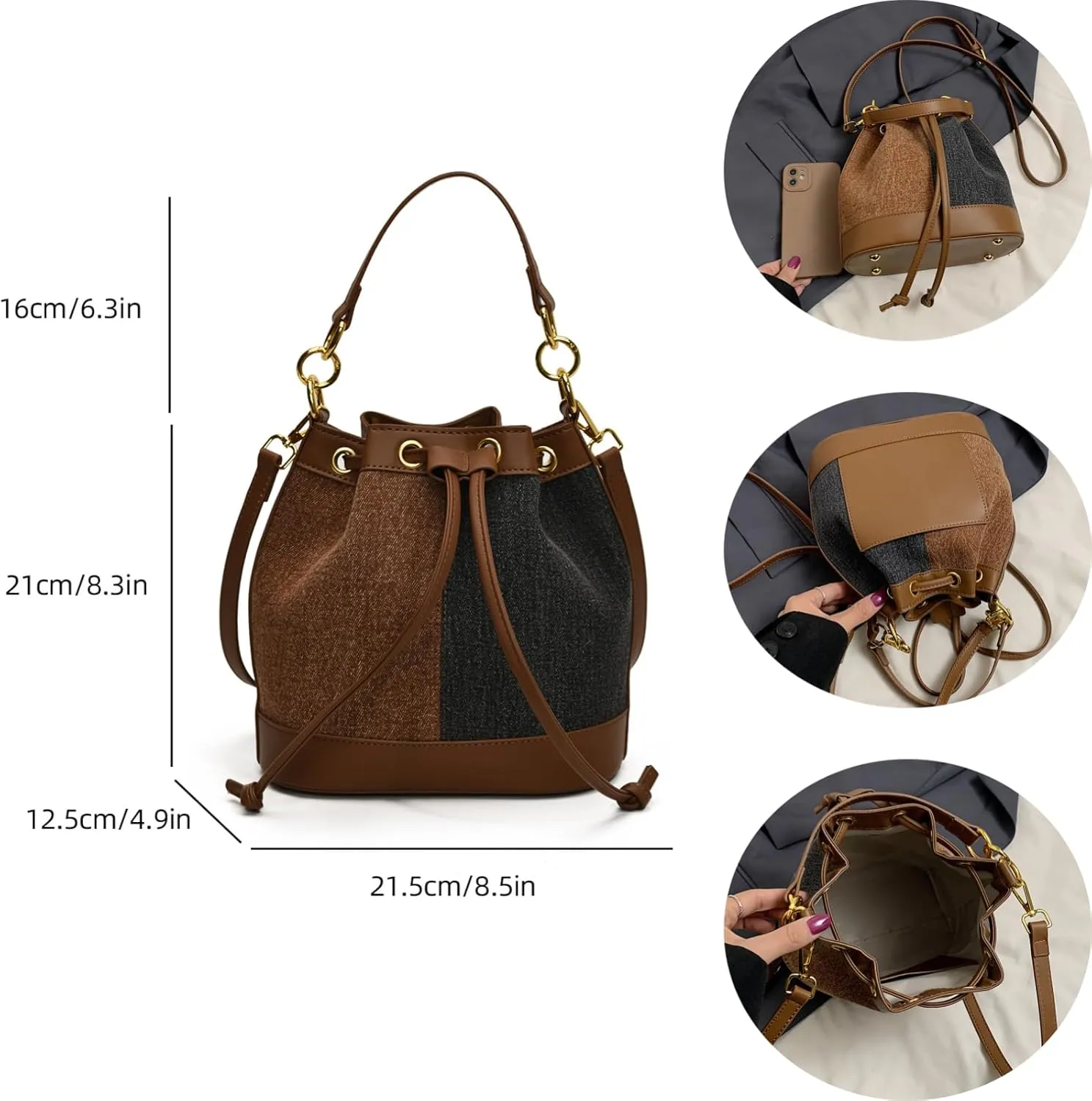 Denim Bucket Bag for Women Handbag Trendy Jean Purse Drawstring Crossbody Shoulder Bag