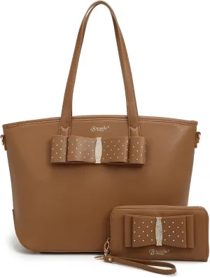 Designer Ribbon Romance Tote Handbag with Rhinestones Bling Top Handle Satchel and Wallet Set for Women with Shoulder Strap