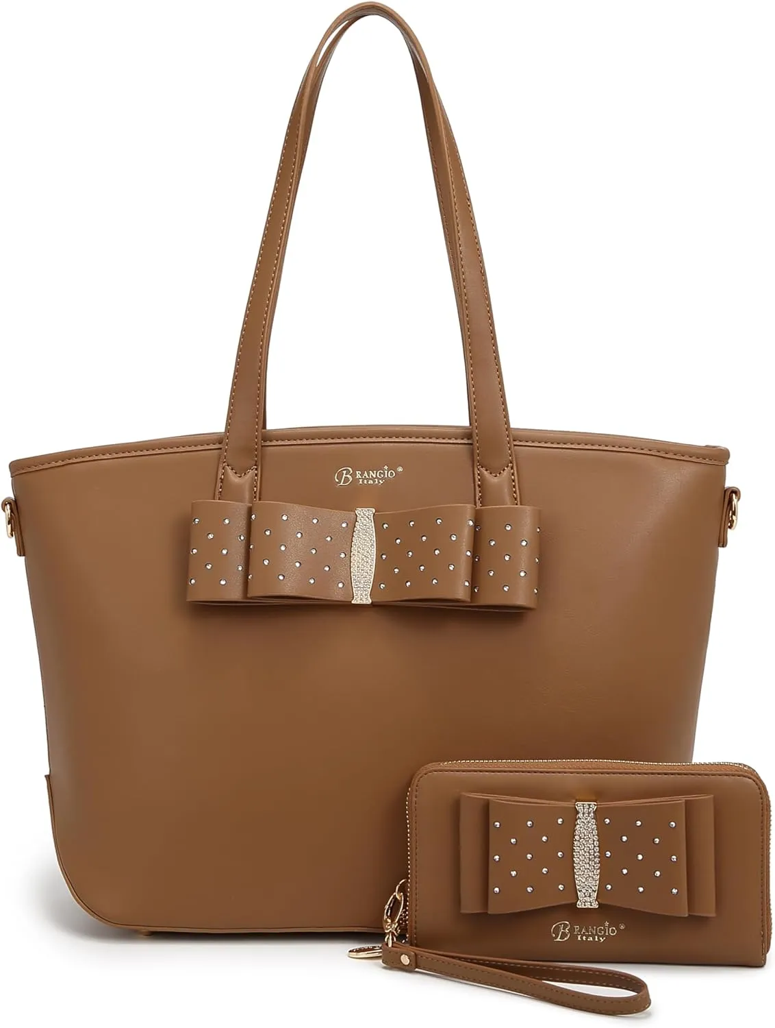 Designer Ribbon Romance Tote Handbag with Rhinestones Bling Top Handle Satchel and Wallet Set for Women with Shoulder Strap