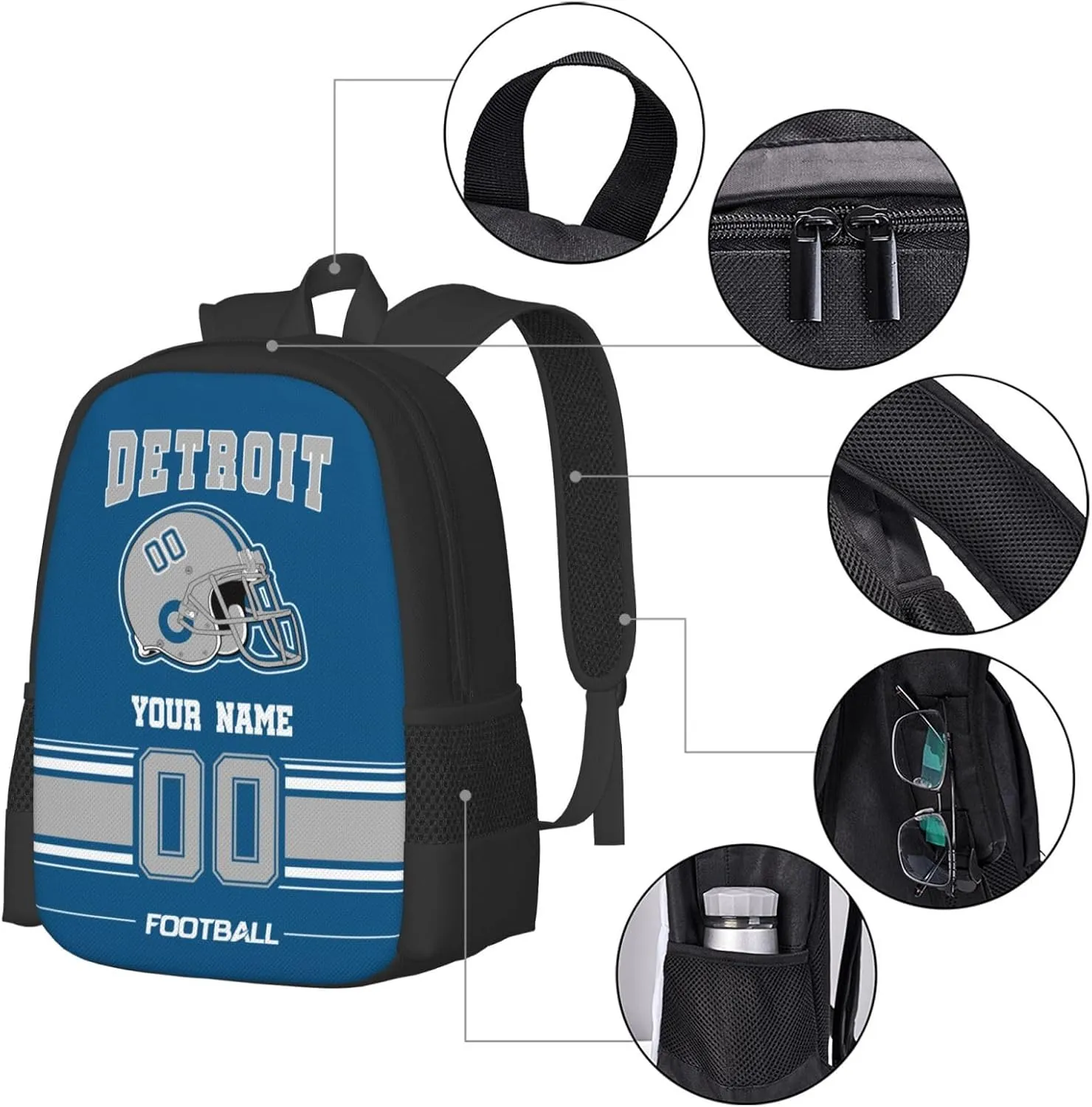 Detroit Shoulder Backpack for Men Kids, Personalized High Capacity School Backpacks with Name Number Daily Use Laptop Bag Travel Bag