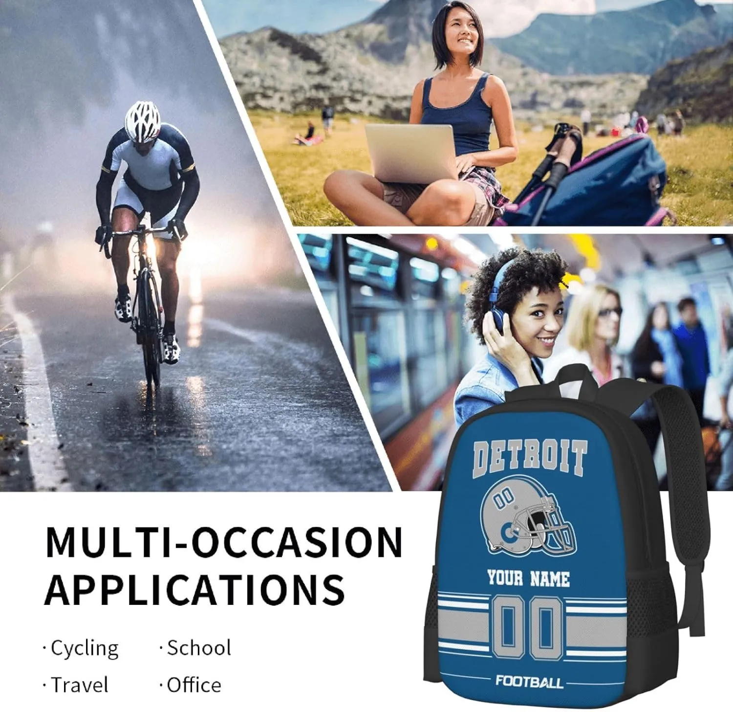 Detroit Shoulder Backpack for Men Kids, Personalized High Capacity School Backpacks with Name Number Daily Use Laptop Bag Travel Bag