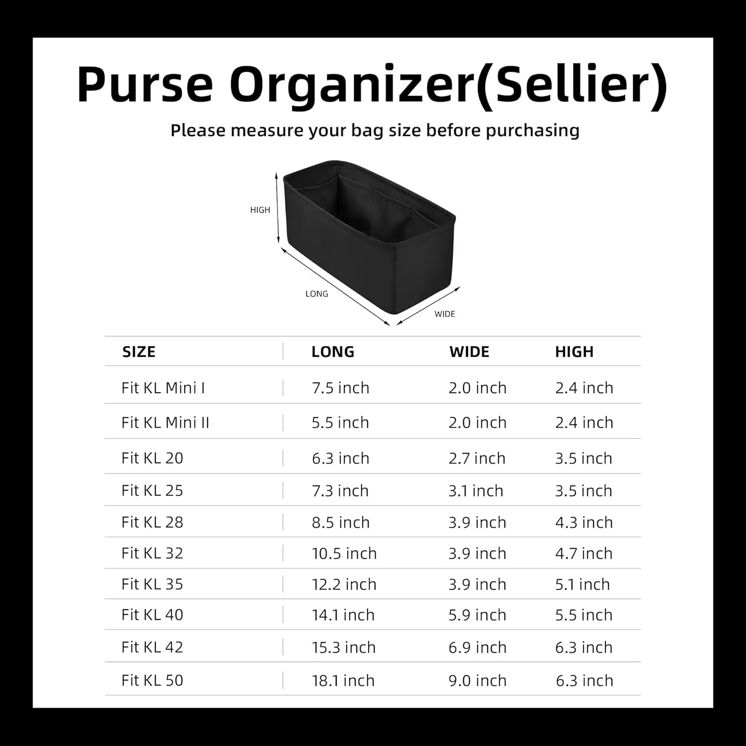 DGAZ Bag Organizer Insert For Kelly pochette/mini II /20/25/28/32/35/40/42/45 Bags, Silk Purse Organizer, Simplicity Handbag & Tote Organizer(Black,KL28 Sellier)