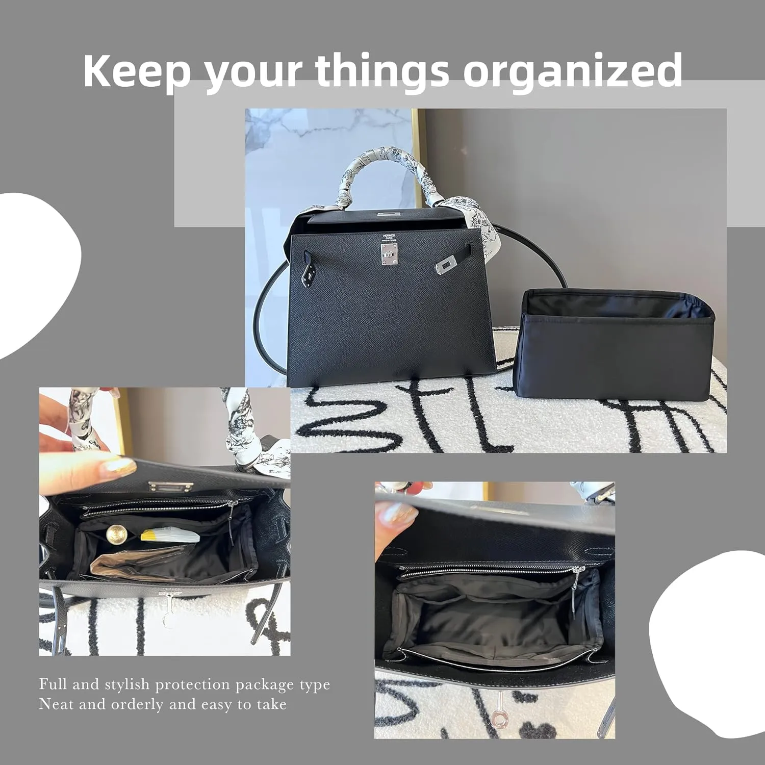 DGAZ Bag Organizer Insert, Silk Purse Organizer, Luxury Handbag & Tote Organizer, Fits mini Kelly Bags (Black, miniKelly2)