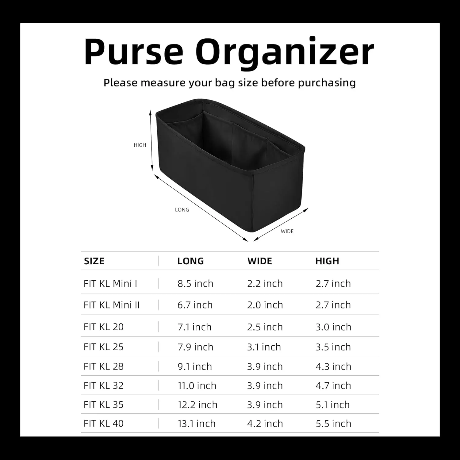 DGAZ Bag Organizer Insert, Silk Purse Organizer, Luxury Handbag & Tote Organizer, Fits mini Kelly Bags (Black, miniKelly2)