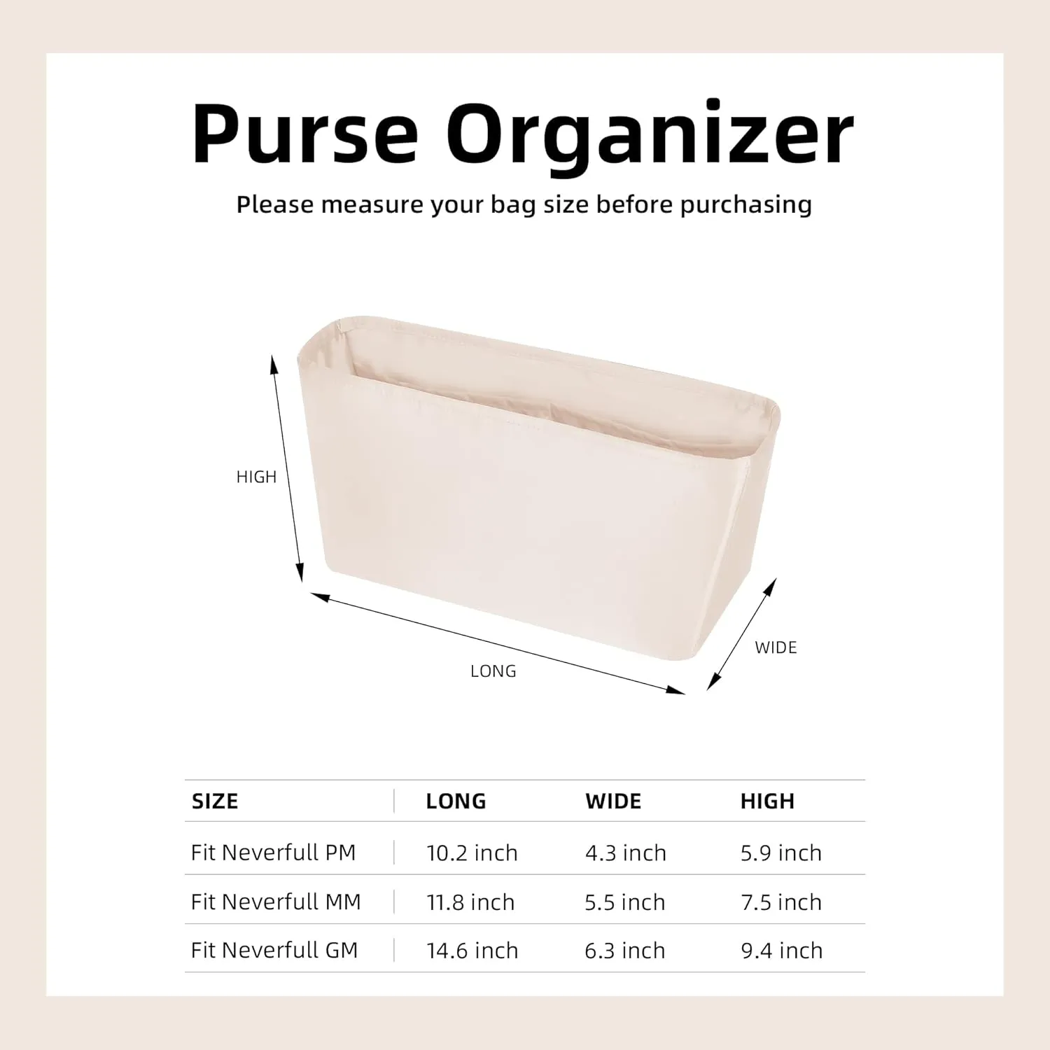 DGAZ Purse Organizer Insert Fits Neverfull-Mini/PM/MM/GM Bags，Silk Bag Organizer，Luxury Handbag & Tote Shaper（PM, Craie）