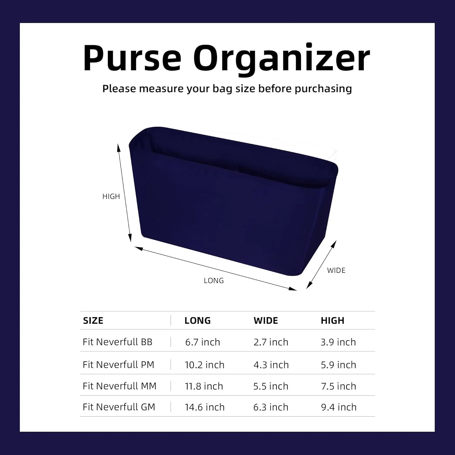 DGAZ Purse Organizer Insert Fits Neverfullbag BB/PM/MM/GM，Silk Bag Organizer，Luxury Handbag & Tote Shaper(Blue nuit,BB)
