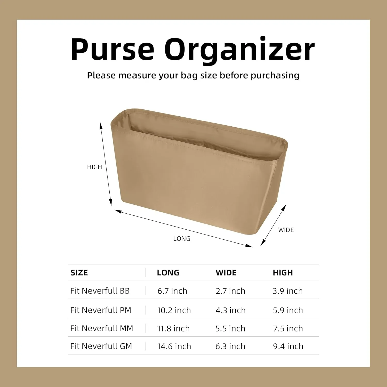 DGAZ Purse Organizer Insert Fits Neverfullbag Mini/PM/MM/GM，Silk Bag Organizer，Luxury Handbag & Tote Shaper(Chai,BB)
