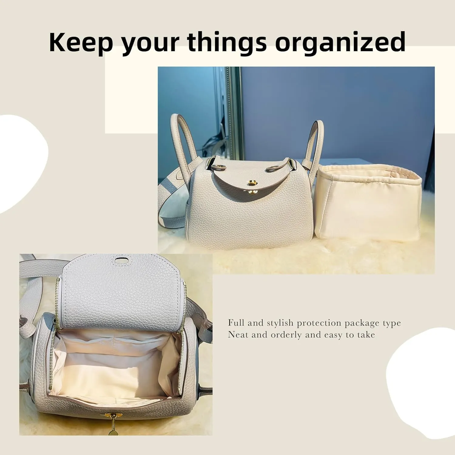 DGAZ Purse Organizer Insert, Silky Handbag & Tote Organizer, Bag in Bag, Fits Lindy 19/26/30/34 Bags（Craie，LD19）
