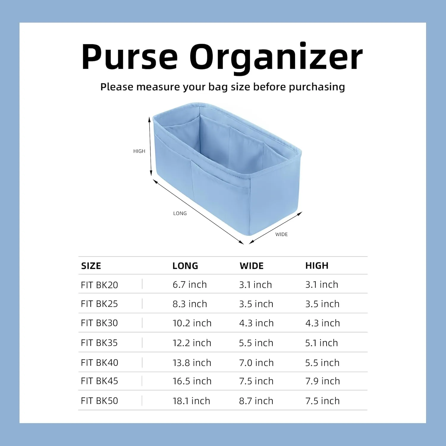 DGAZ Purse Organizer Silky Smooth Fits Birkin 20/25/30/35/40/45/50 Bags,Silk,Luxury Handbag Tote in Bag Shapers, Women(Azure,BK20)