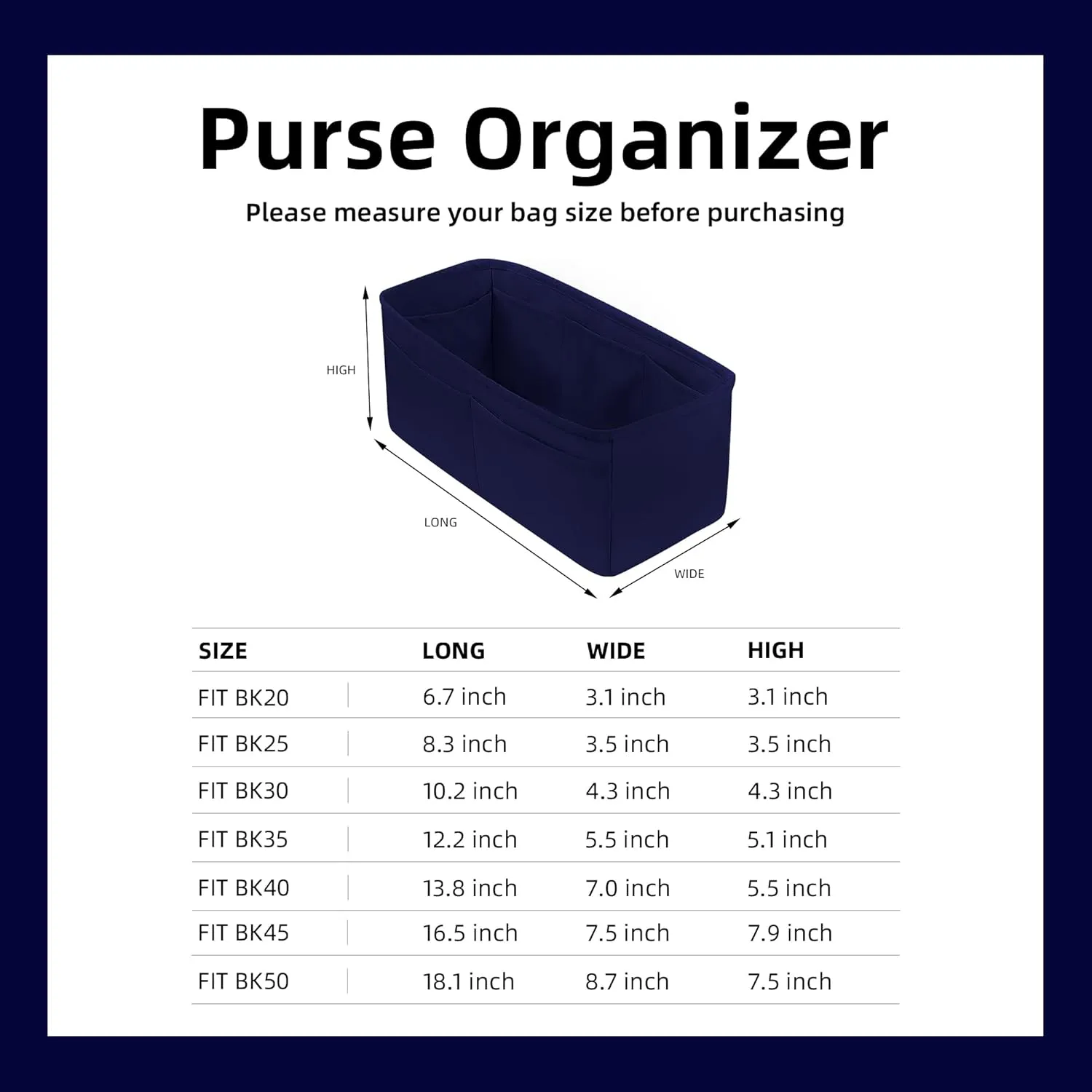 DGAZ Purse Organizer Silky Smooth Fits Birkin 20/25/30/35/40/45/50 Bags,Silk,Luxury Handbag Tote in Bag Shapers, Women(Blue nuit,BK20)