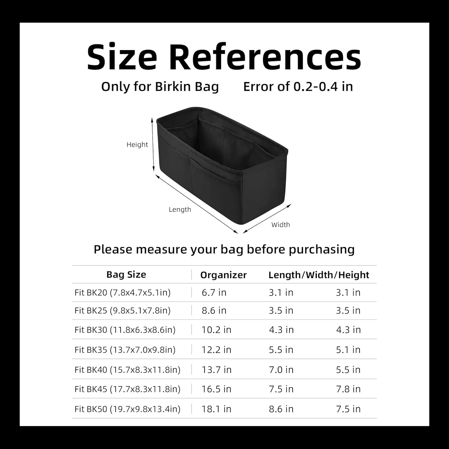 DGAZ Purse Organizer Silky Smooth,Silk,Luxury Handbag Tote in Bag Shapers, Women- Fits Birkin25/30/35/40 Bags (Black, BK25)