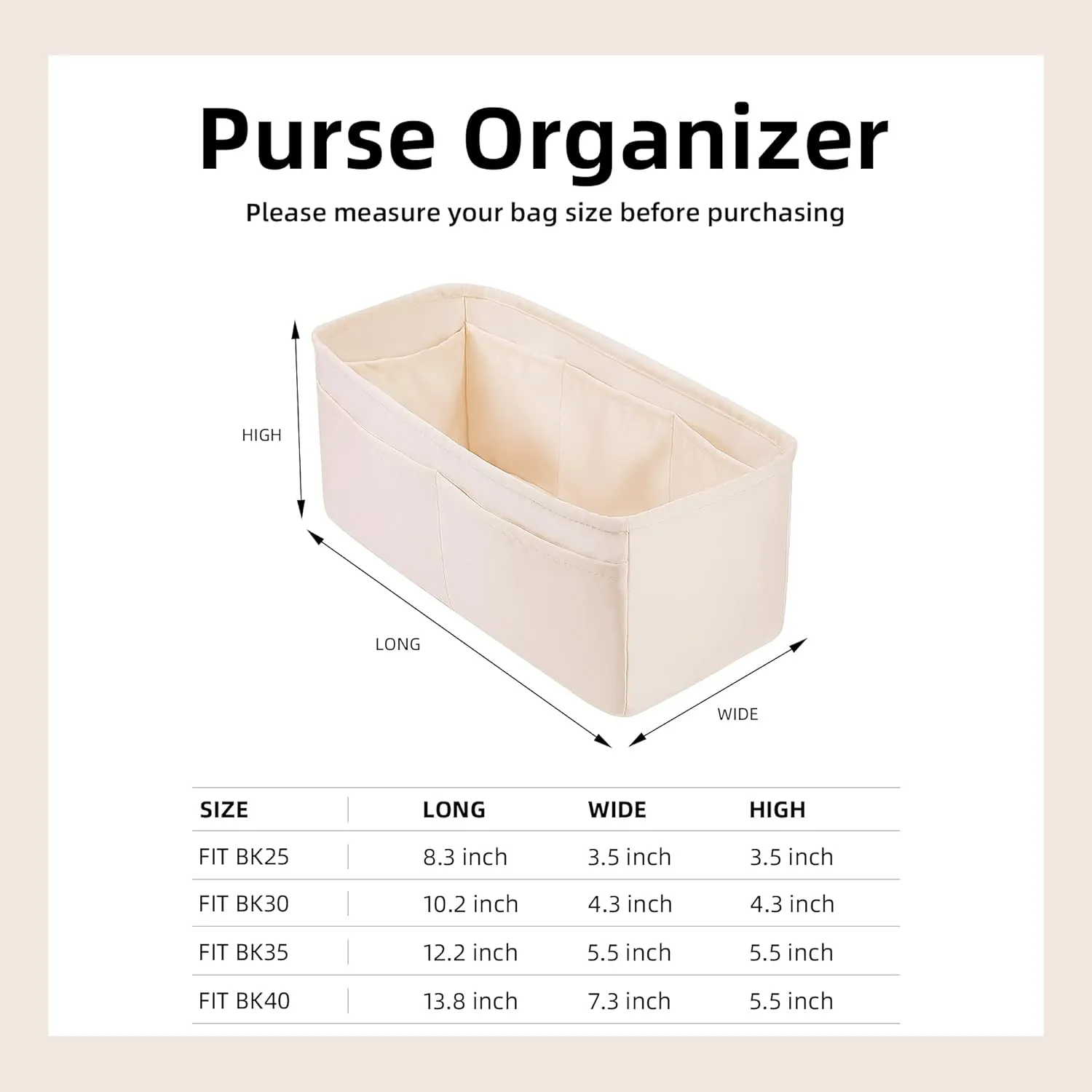 DGAZ Purse Organizer Silky Smooth,Silk,Luxury Handbag Tote in Bag Shapers, Women- Fits Birkin25/30/35/40 Bags (Craie, BK35)