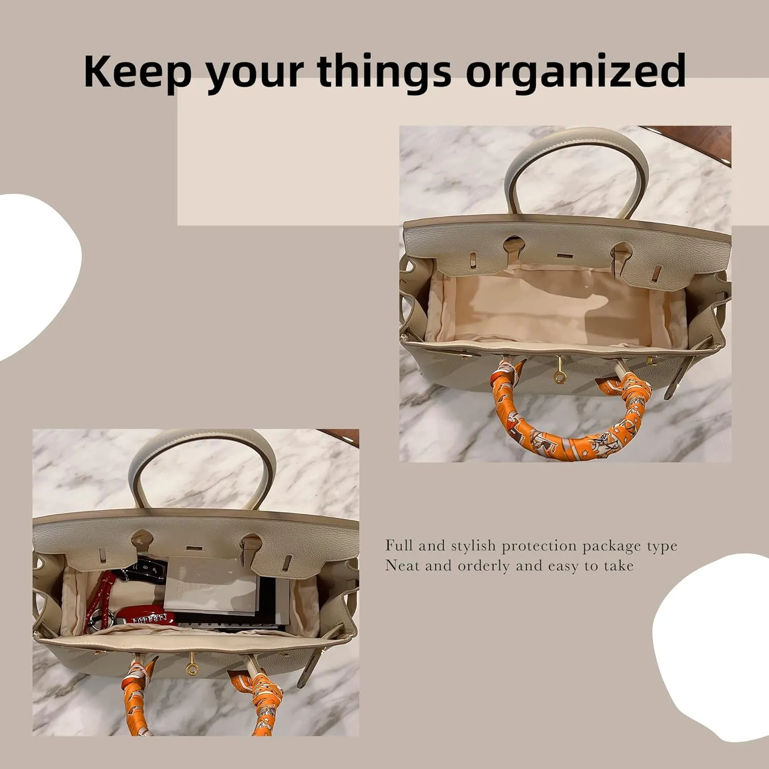 DGAZ Purse Organizer Silky Smooth,Silk,Luxury Handbag Tote in Bag Shapers, Women- Fits Birkin25/30/35/40 Bags (Craie, BK35)