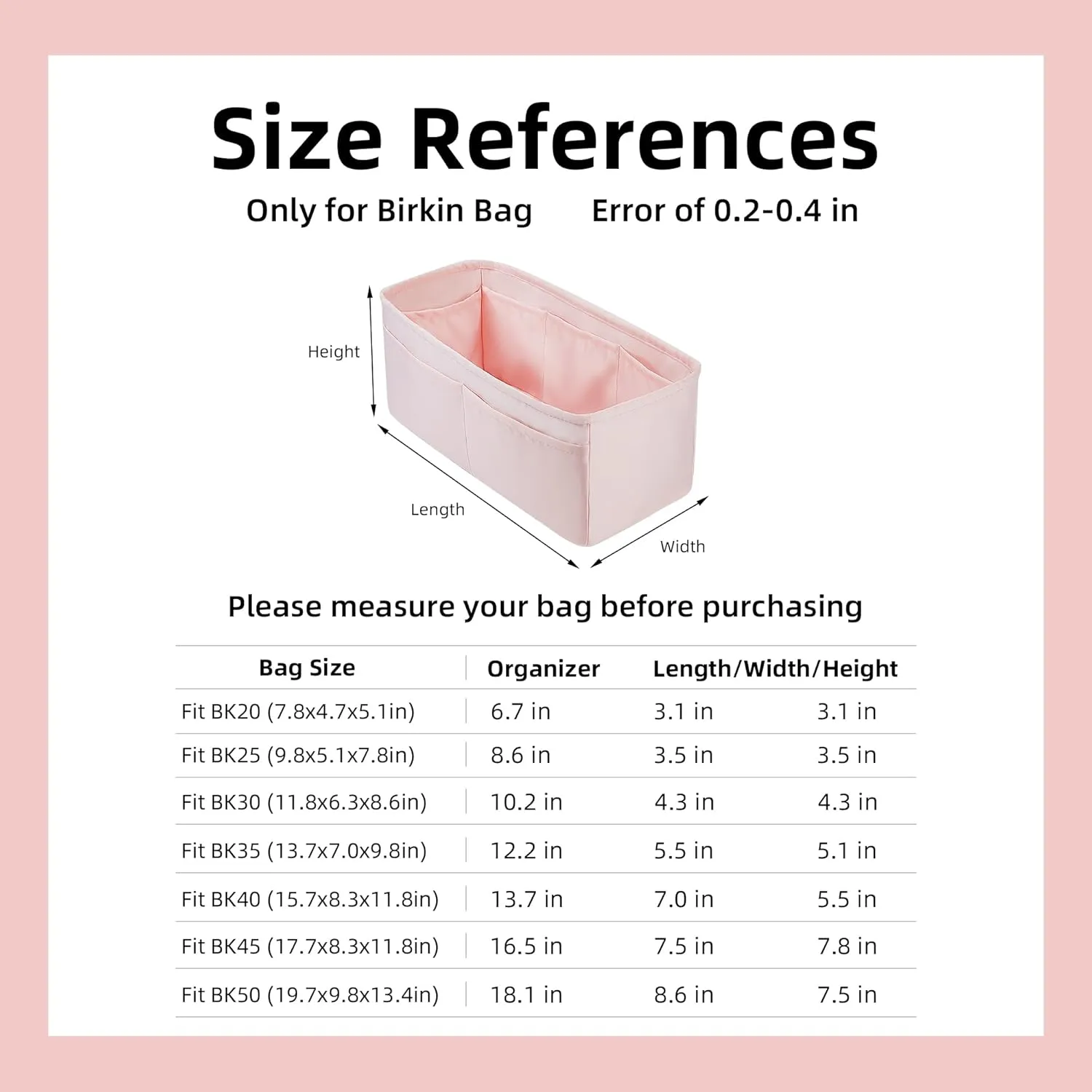 DGAZ Purse Organizer Silky Smooth,Silk,Luxury Handbag Tote in Bag Shapers, Women- Fits Birkin25/30/35/40 Bags (Pink, BK25)