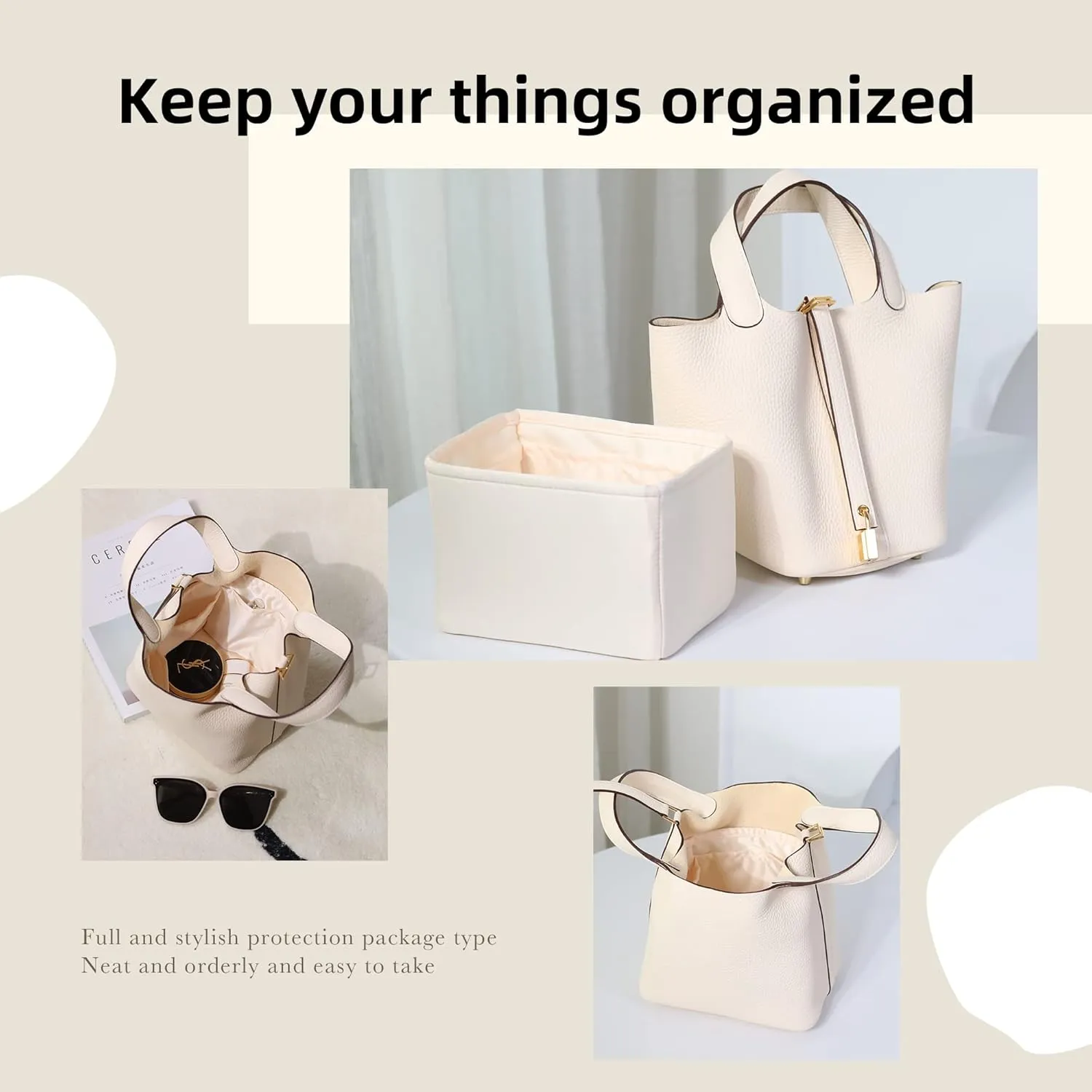 DGAZ Purse Organizer Silky Smooth,Silk,Luxury Handbag Tote in Bag Shapers, Women- Fits picotin18/22Bags (Craie, PC18)