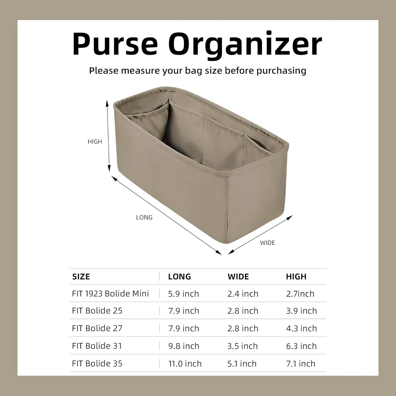 DGAZ Silk Purse Organizer Insert Fits Bolide 1923mini/25/27/31/35,Silky Smooth Bag Organizer，Luxury Handbag & Tote Shaper(Gris tourterelle,Bolide25)