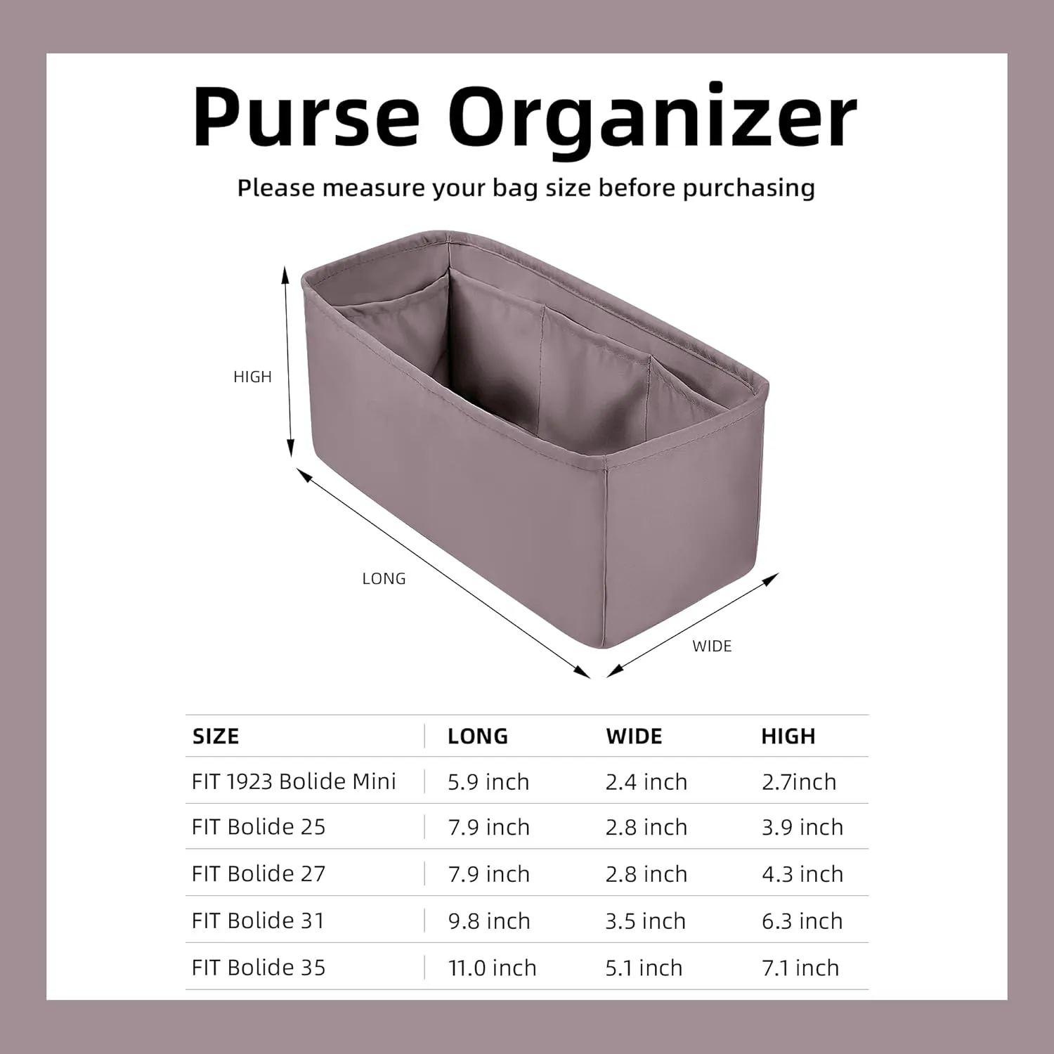 DGAZ Silk Purse Organizer Insert Fits Bolide 1923mini/25/27/31/35,Silky Smooth Bag Organizer，Luxury Handbag & Tote Shaper(Konjac Purple,1923 Bolide mini)