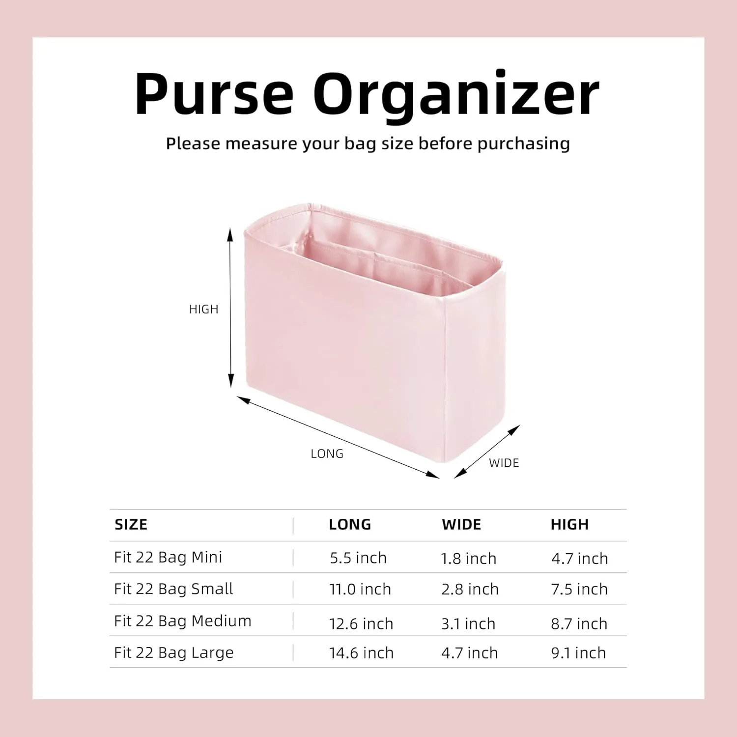 DGAZ Silk Purse Organizer Insert Fits Chanel 22 Mini/S/M/L bag，Silky Smooth Bag Organizer，Luxury Handbag & Tote Shaper(Pink,S)