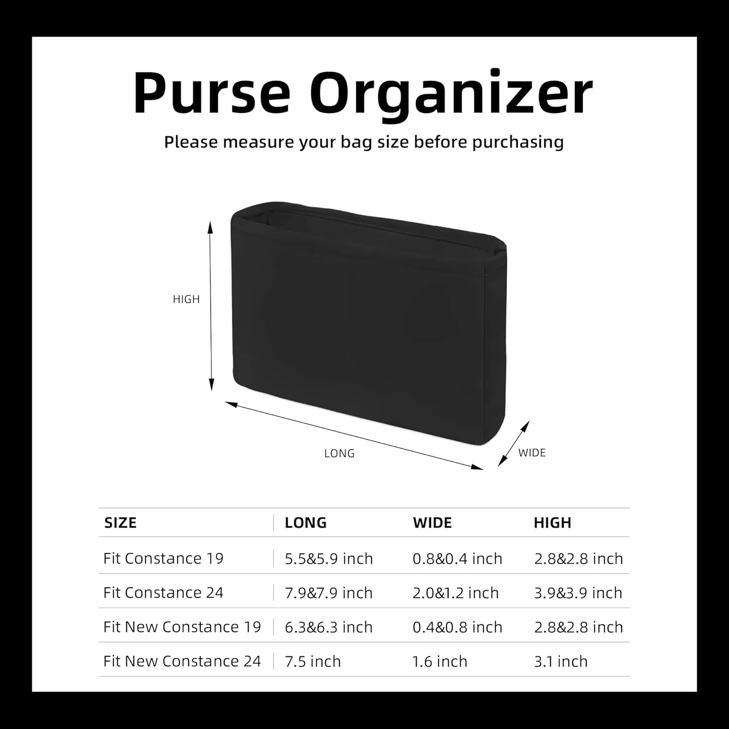 DGAZ Silk Purse Organizer Insert Fits Constance 19/New19/24/New24 bag，Silky Smooth Bag Organizer，Luxury Handbag & Tote Shaper（Black，newC19）