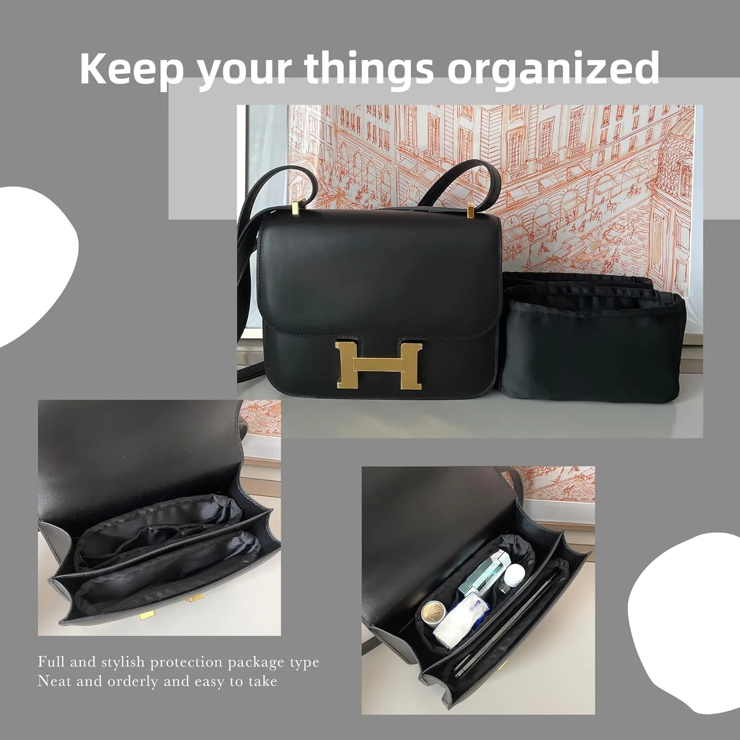 DGAZ Silk Purse Organizer Insert Fits Constance 19/New19/24/New24 bag，Silky Smooth Bag Organizer，Luxury Handbag & Tote Shaper（Black，newC19）