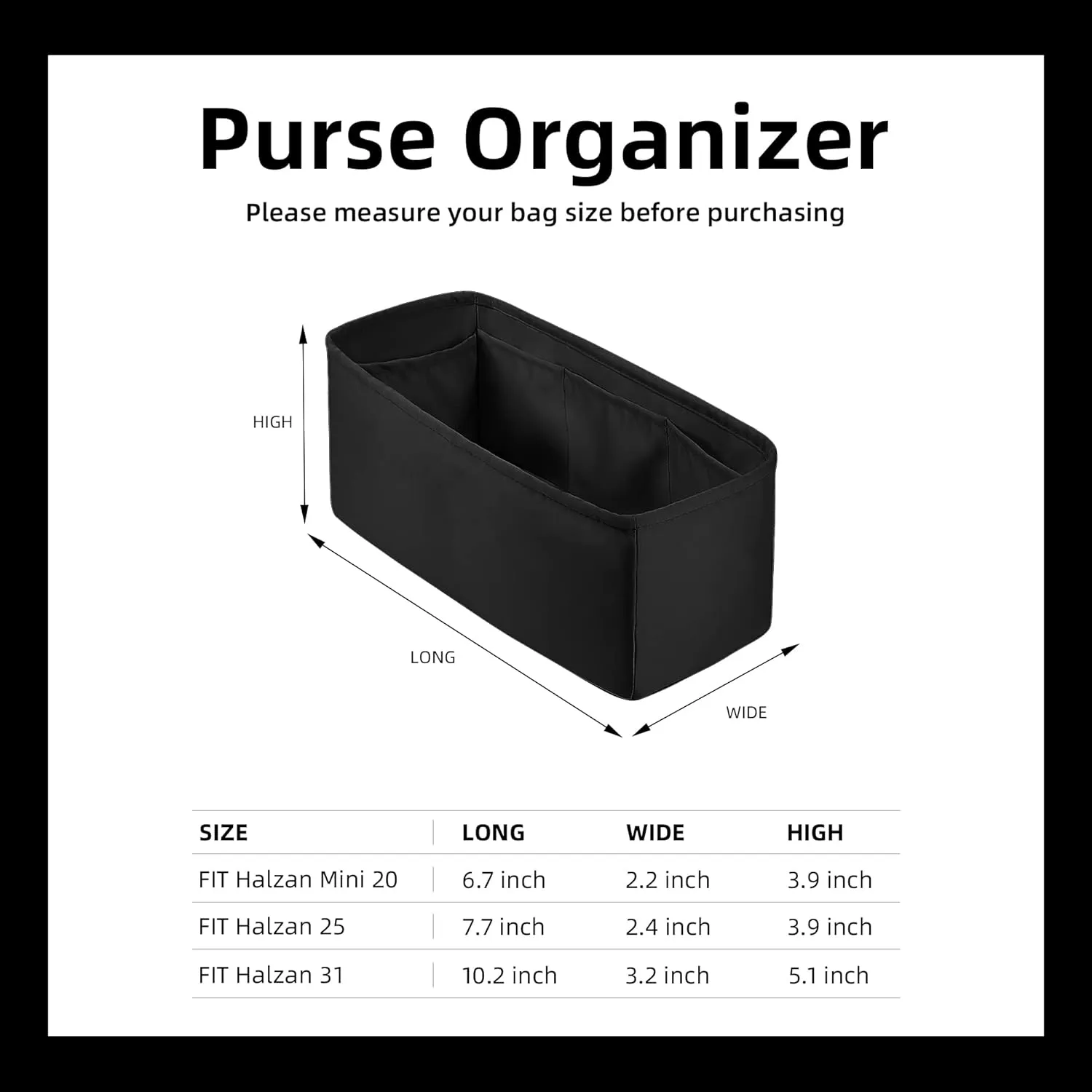 DGAZ Silk Purse Organizer Insert Fits Halzan mini20/25/31,Silky Smooth Bag Organizer，Luxury Handbag & Tote Shaper(Black，Halzan mini20)