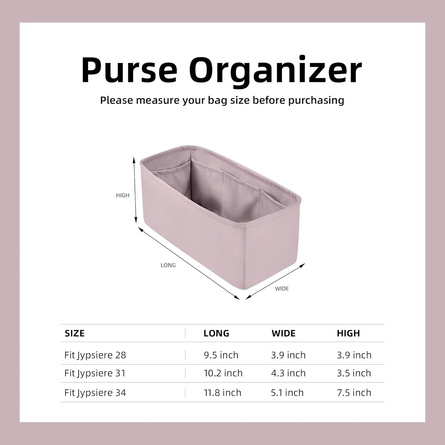 DGAZ Silk Purse Organizer Insert Fits Hermes Jypsiere Bags, Silky Smooth Bag Organizer，Luxury Handbag & Tote Shaper(Mauve Pale,Jypsiere 28)