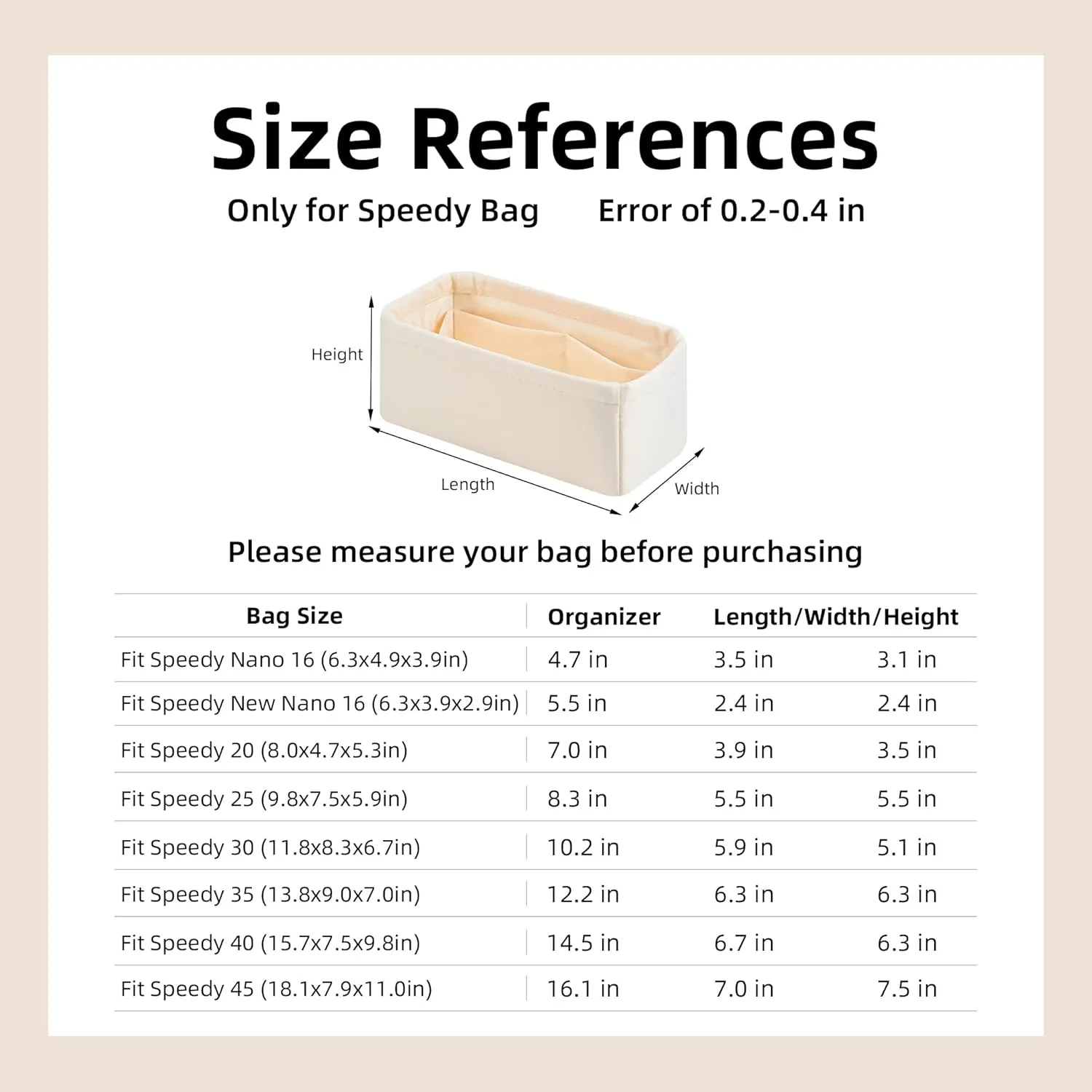 DGAZ Silk Purse Organizer Insert Fits LV Speedy 16/20/25/30/35/45 bags，Silky Smooth Bag Organizer，Luxury Handbag & Tote Shaper（Craie，New nano 16）