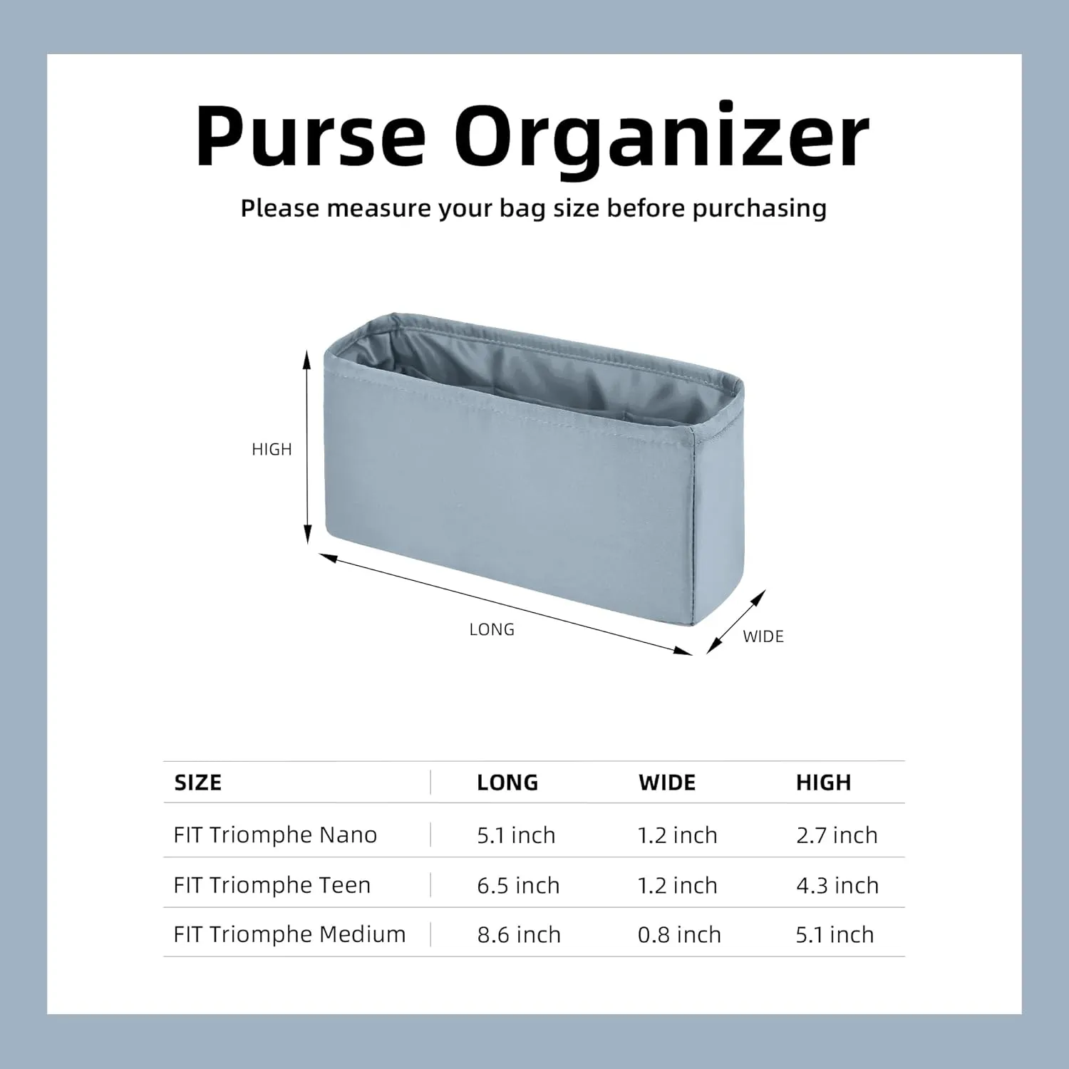 DGAZ Silk Purse Organizer Insert For Celine Triomphe Nano/Teen/Medium Bags,Silky Smooth Bag Organizer，Luxury Handbag & Tote Shaper(Blue Brume,Triomphe Teen)