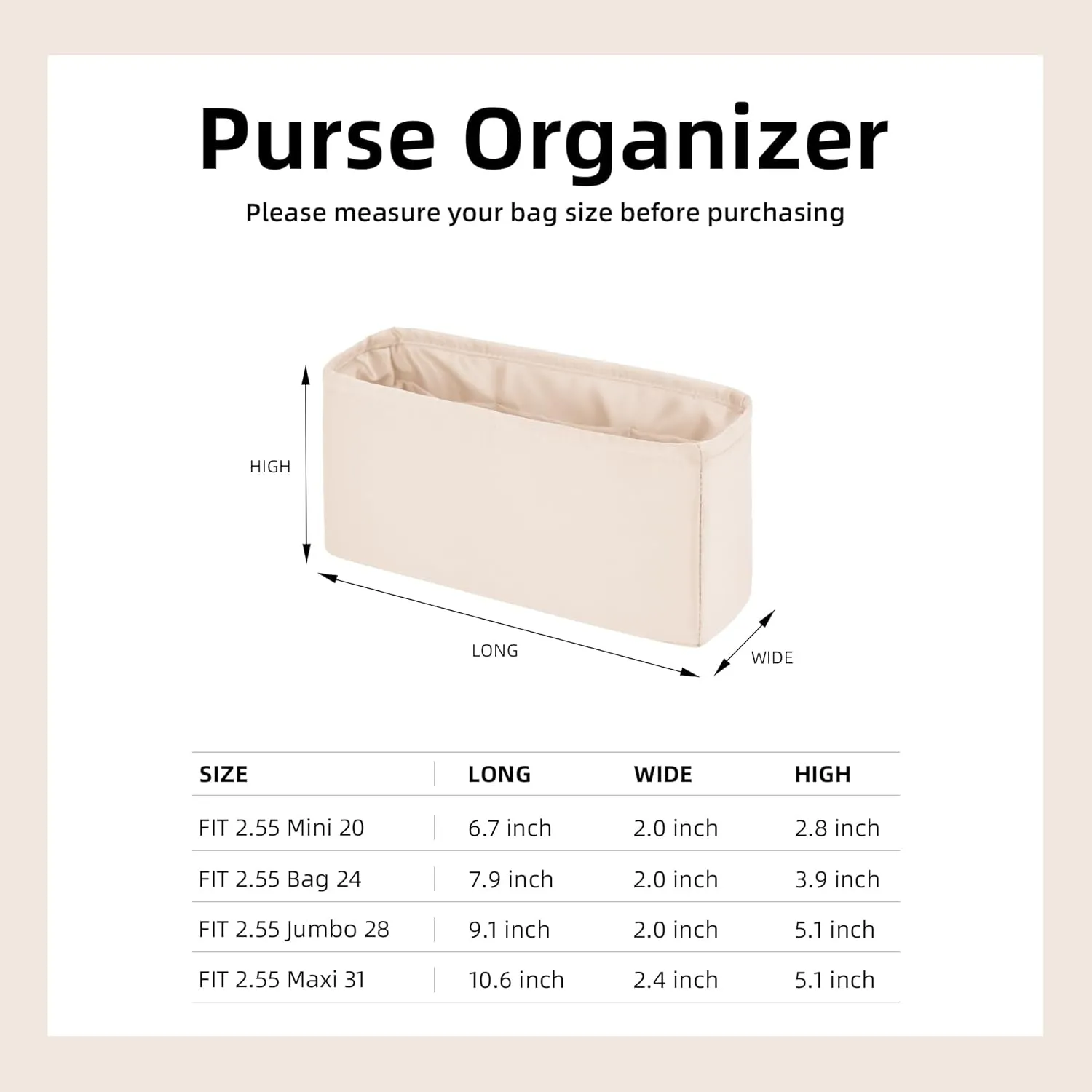 DGAZ Silk Purse Organizer Insert For Chanel 2.55 Bags,Silky Smooth Bag Organizer，Luxury Handbag & Tote Shaper(Craie,2.55bag 24)