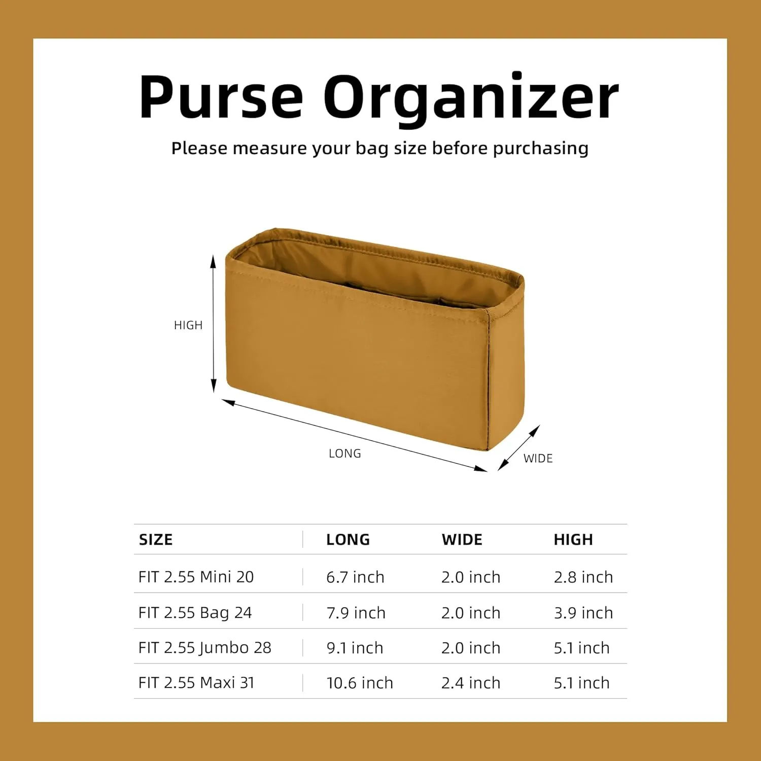 DGAZ Silk Purse Organizer Insert For Chanel 2.55 Bags,Silky Smooth Bag Organizer，Luxury Handbag & Tote Shaper(Jaune amber,2.55bag 24)