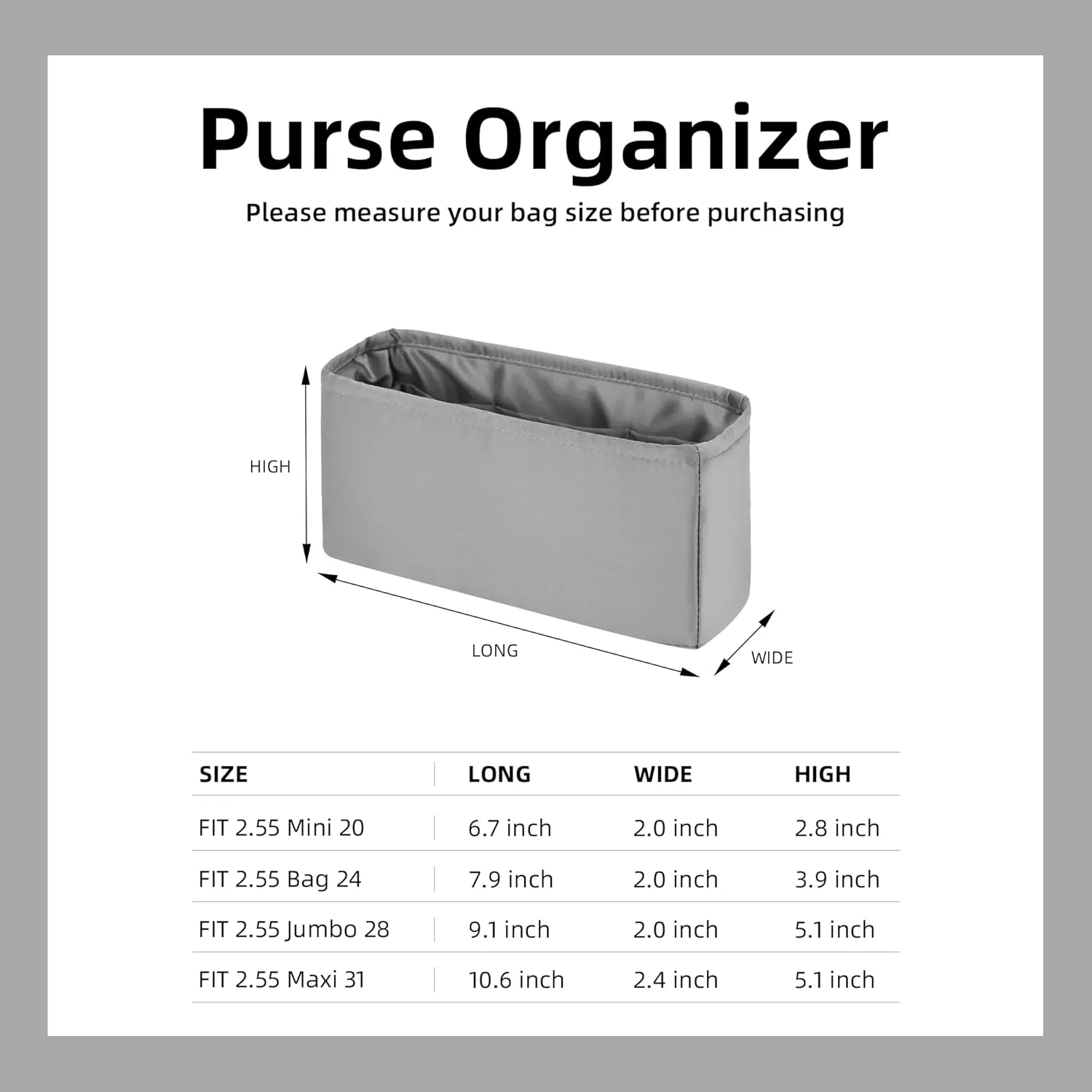 DGAZ Silk Purse Organizer Insert For Chanel 2.55 Bags,Silky Smooth Bag Organizer，Luxury Handbag & Tote Shaper(Pearl gray,2.55bag 24)